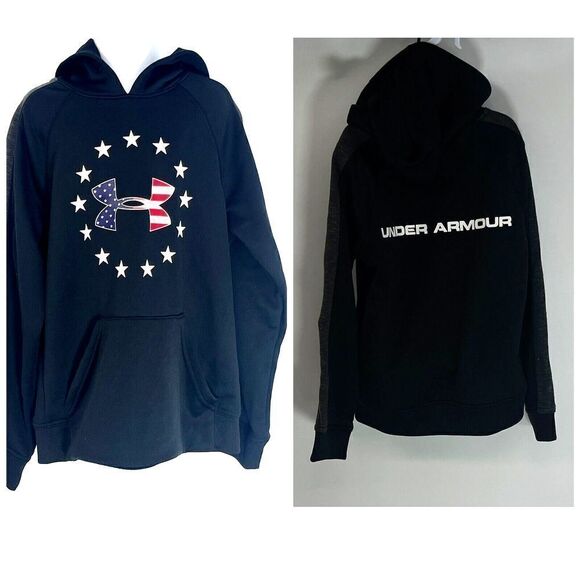 Under Armour Boys Loose Sweatshirt Hoodie YSM American Flag Stars Gray Arm - Picture 1 of 16